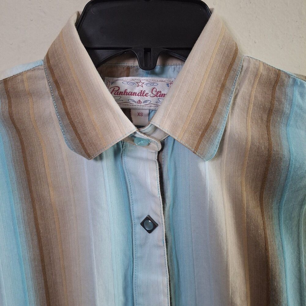 Panhandle Slim Stripe Western Shirt Women XS Diamond Pearl Snap Turquoise  Rodeo - Picture 12 of 15